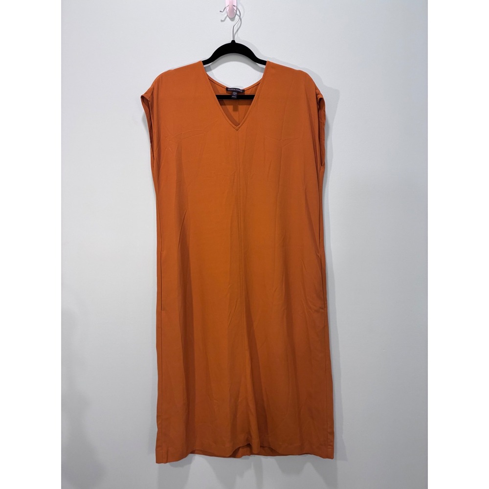 Eileen Fisher Burnt Orange V-Neck Midi Shift Dress XXS